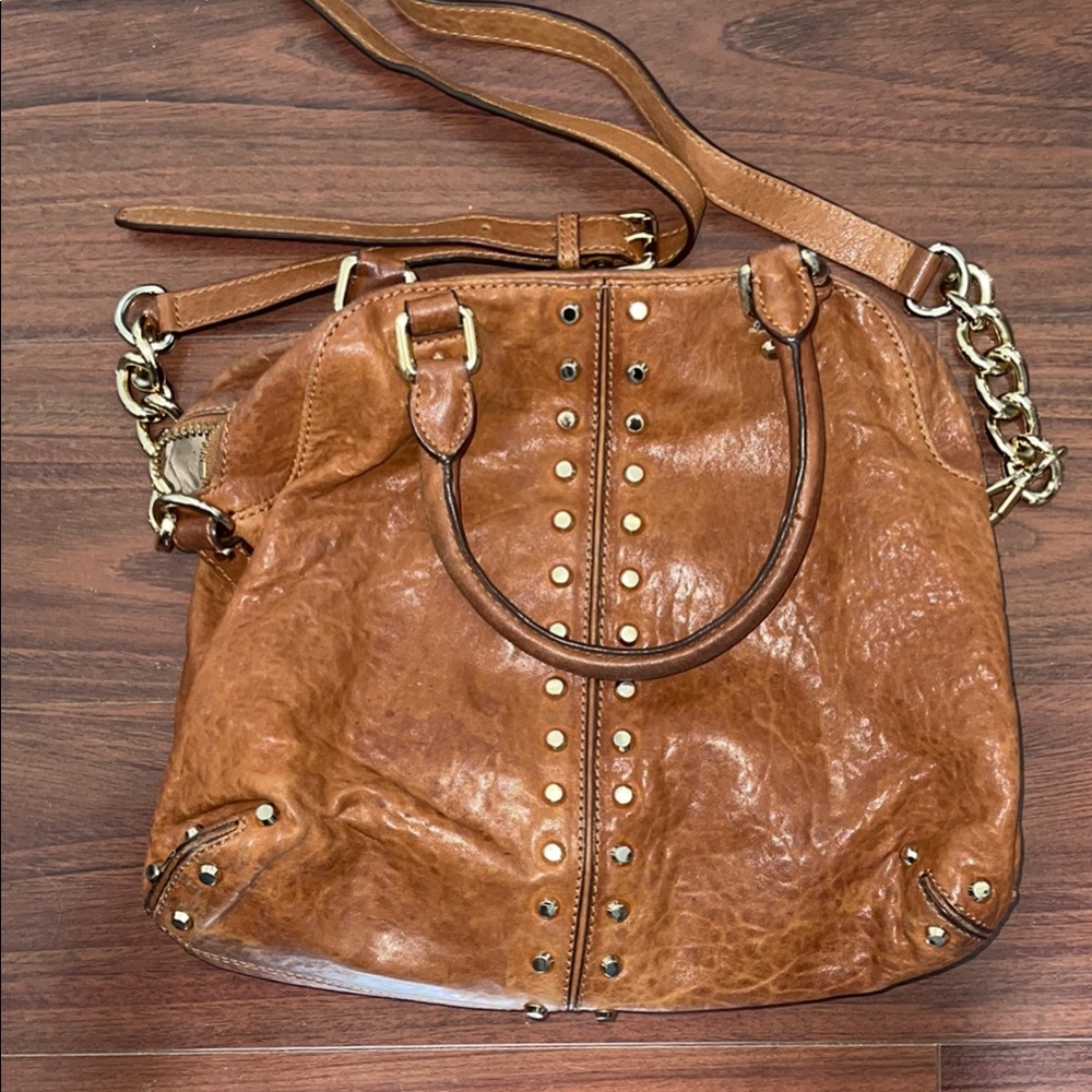 Michael Kors Brown Leather Shoulder Bag with Studded Details